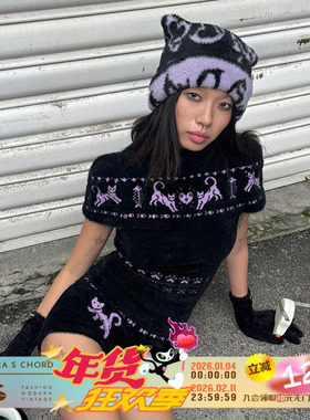 QSC25原创新款黑紫毛茸茸刺绣提花小猫高弹高领气质短袖上衣打底