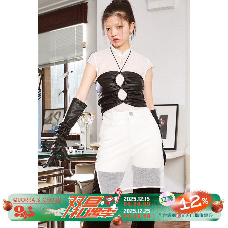 白色纯棉网纱旗袍侧开叉连衣裙