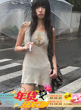 QSC原创设计纯棉网布透视朋克不规则毛边船锚工字背心连衣裙