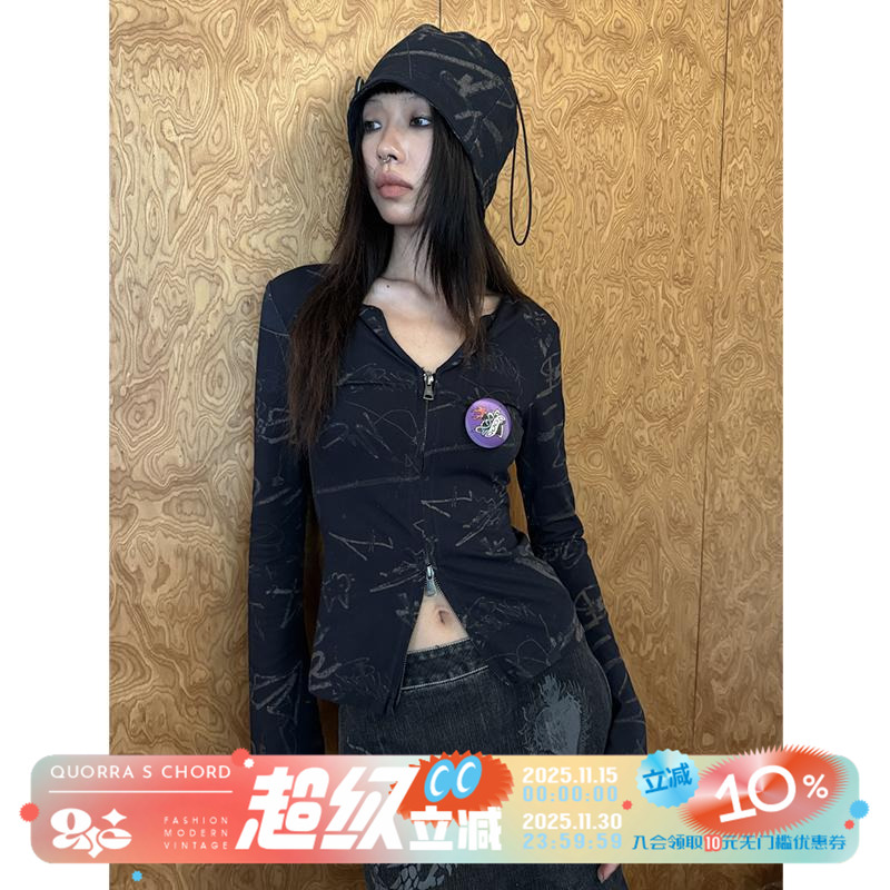 QSC原创朋克涂鸦黑色纯棉弹力喇叭袖长袖V领拉链开衫T恤上衣