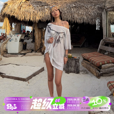 做旧复古羽毛印花针织宽松垂坠感飘逸透气罩衫斜肩 T 恤上衣