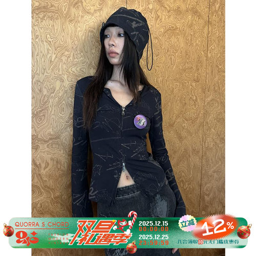 QSC原创朋克涂鸦黑色纯棉弹力喇叭袖长袖V领拉链开衫T恤上衣