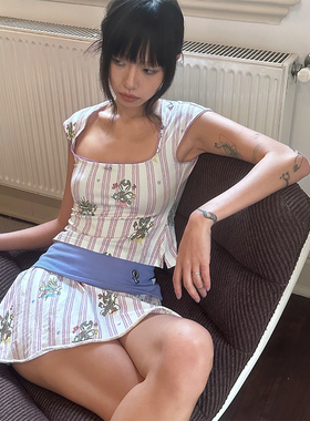 QSC原创设计爱搞乐队的小猫条纹弹力纯棉方领蕾丝花边短袖上衣