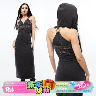 QUORRA CHORD原创设计纯棉牛仔弹力露背连帽烫钻开衩连衣裙长裙