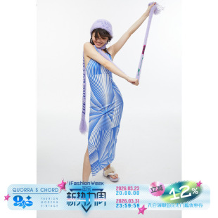 QSC原创设计扇形蓝色迷幻印花修身 露背开叉长裙子 吊带连衣裙长款