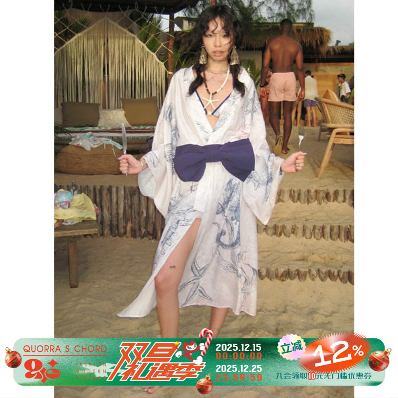 QSC原创贝壳化石浴衣披风外套连衣裙晨袍蝴蝶结腰带三件套