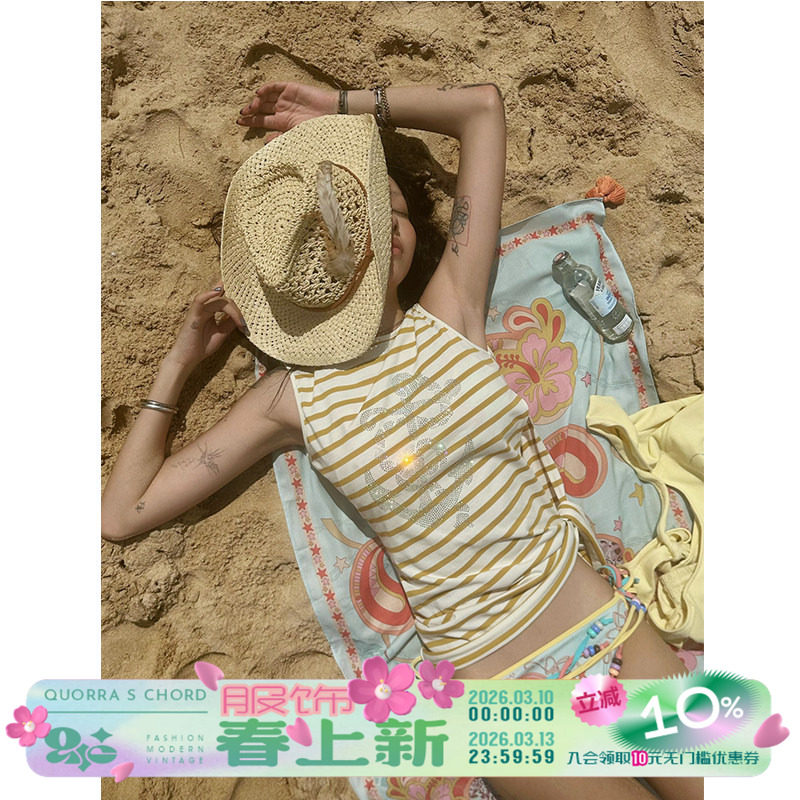 QSC原创纯棉船锚扶桑花条纹海军风开叉绑带上衣背心T恤