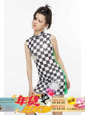 QSC原创设计黑白棋盘格绿色撞色印花高领无袖上衣连衣裙内搭打底