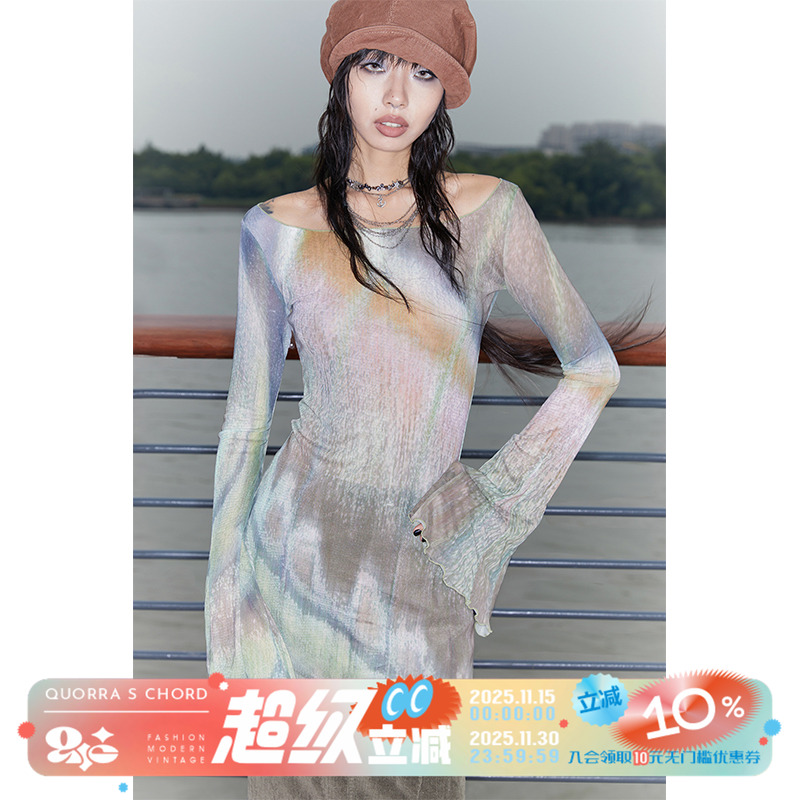 长袖独立薄喇叭袖高弹网纱