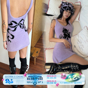 QSC25原创新款粉紫色小黑猫背心露背亮晶晶蝴蝶结连衣裙