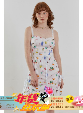 QSC背心束腰蕾丝苹果贴纸印花拼接织带夏季公主少女连衣裙