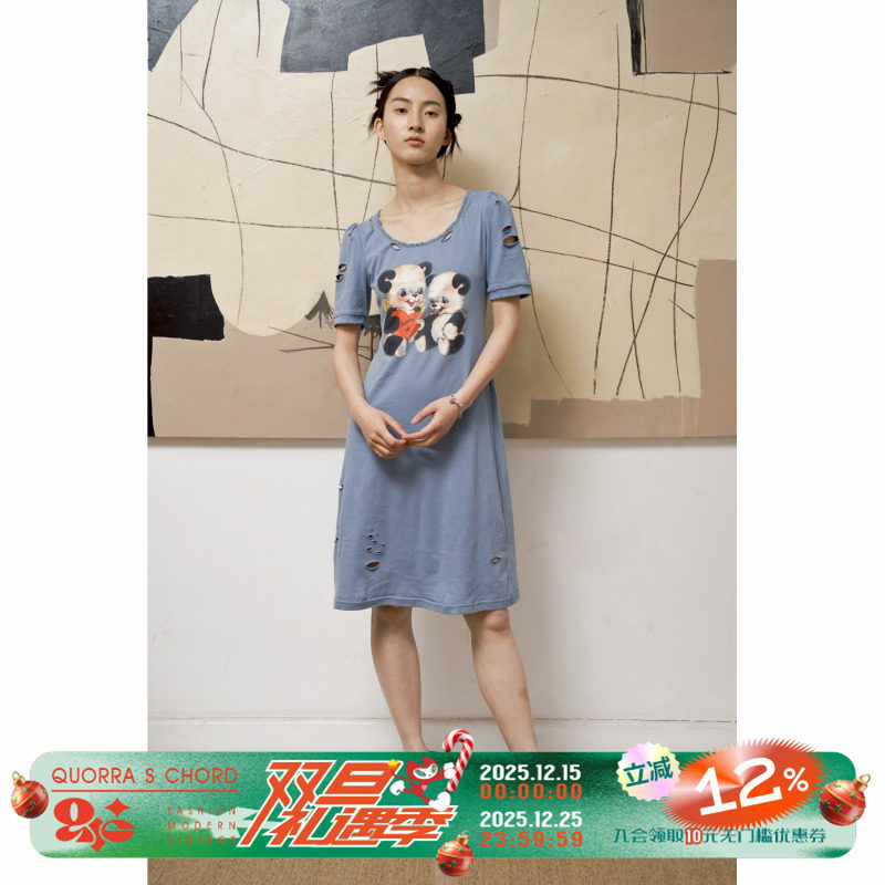 印花磨破泡泡袖长款T恤连衣裙