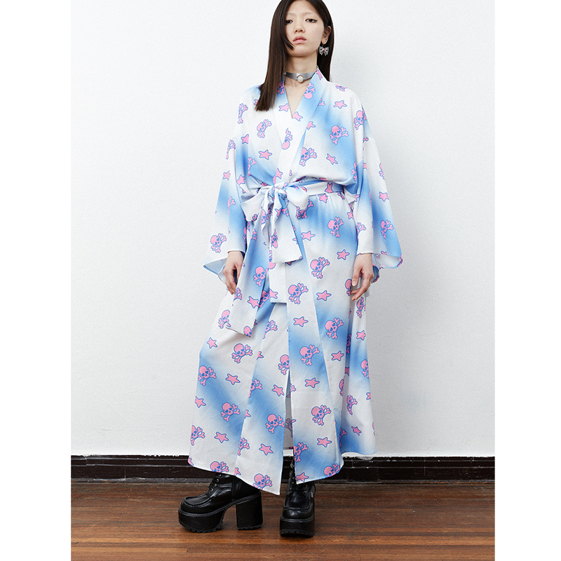 粉蓝色骷髅星星和服腰带印花