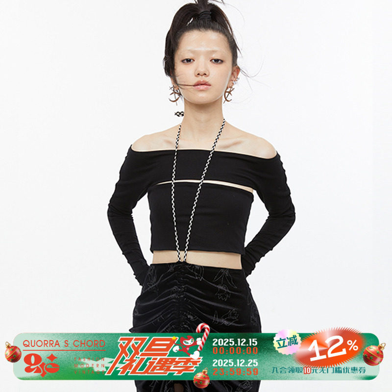 QUORRA S CHORD 黑色弹力纯棉面料假两件打底一字领长袖上衣