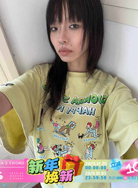 QSC可爱漫画男女宽松黄绿色柔软纯棉做旧oversized大T恤