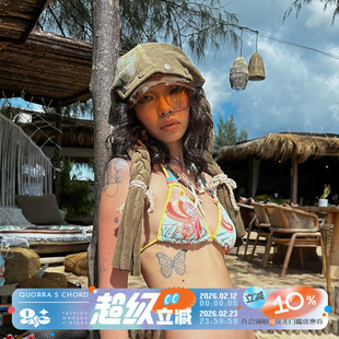 QUORRA S CHORD原创纯棉卡其绿扶桑花烫钻可拆卸麻花辫帽子头巾