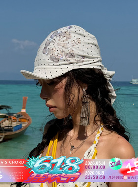QSC纯棉波点扶桑花烫钻可变形帽沿绑带三角巾帽子高弹透气