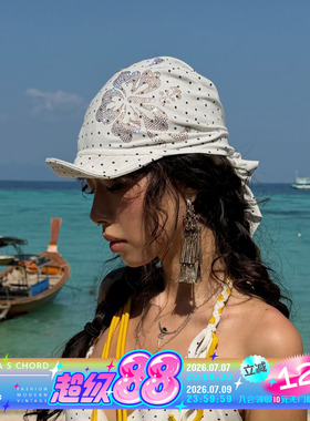 QSC纯棉波点扶桑花烫钻可变形帽沿绑带三角巾帽子高弹透气