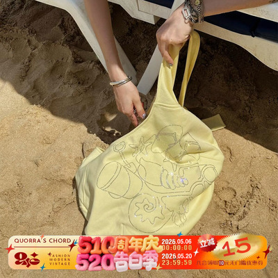QSC原创小鸡黄纯棉扶桑花沙滩用具烫钻大容量斜挎包单肩包