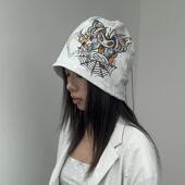 QSC原创朋克灰蓝玫瑰复古纹身手绘风格 烫钻纯棉弹力冷帽可调节