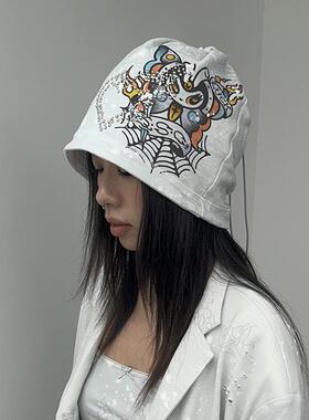 QSC原创朋克灰蓝玫瑰复古纹身手绘风格烫钻纯棉弹力冷帽可调节