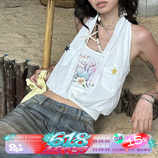 QSC原创刺绣沙滩宝藏扶桑花印花工艺纯棉背心拼接衬衫挂脖上衣