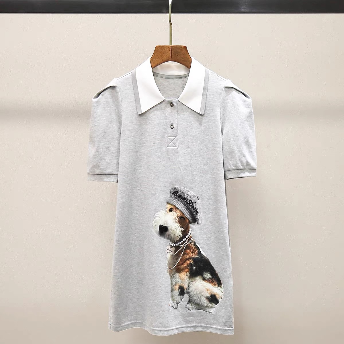 俏皮狗狗印花刺绣珍珠装饰连衣裙