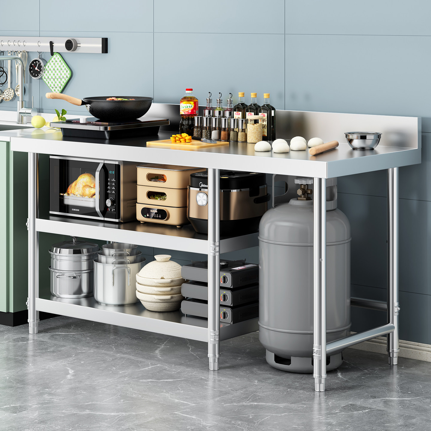 特厚不锈钢厨房饭店打荷操作台煤气罐架子灶台架围边工作台可定制