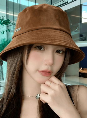 秋冬高级感麂皮绒面渔夫帽时尚休闲显脸小素颜遮脸文艺复古盆帽