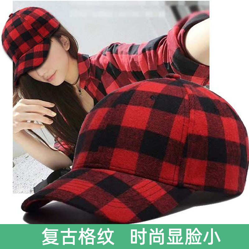 新款韩版黑红格子太阳帽复古棒球帽时尚户外帽子鸭舌帽子