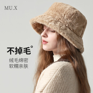秋冬帽子女仿兔毛水桶帽甜美可爱毛绒韩版百搭渔夫帽保暖加厚盆帽