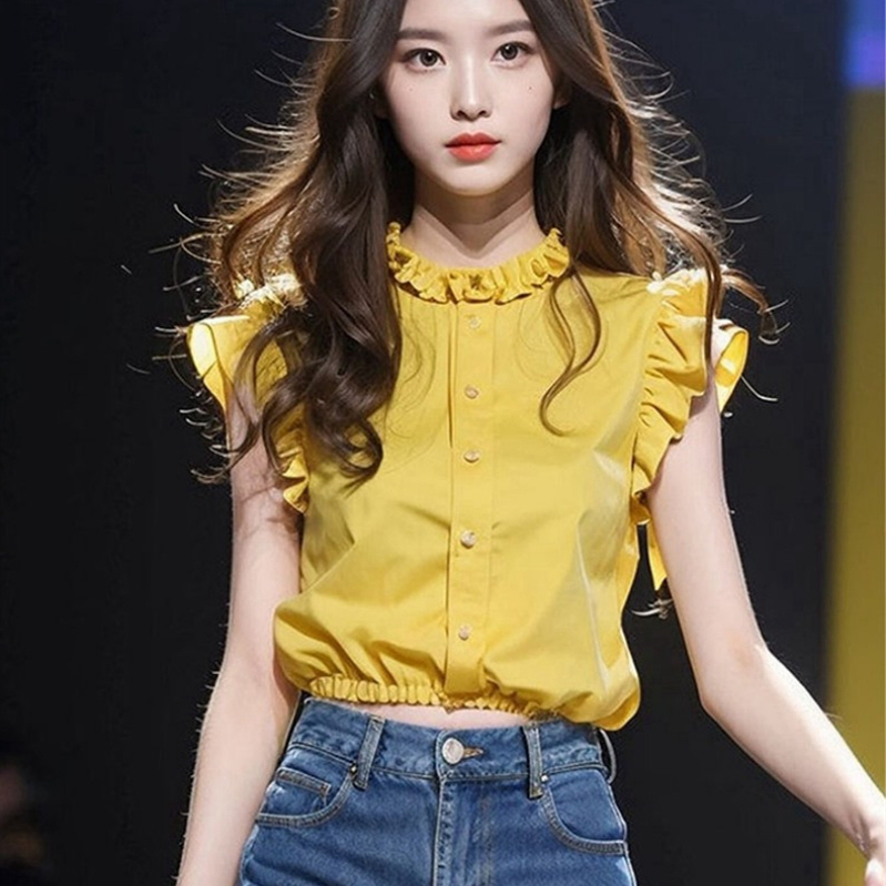 黄色衬衫小飞袖衬衣女短款衬衣