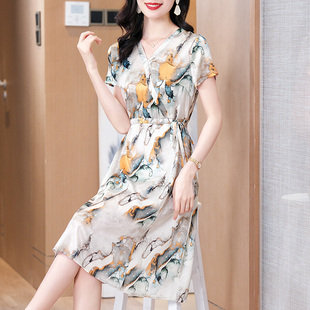 小個子顯高顯瘦遮肚子減齡媽媽夏 聲雨竹桑蠶絲真絲連衣裙2025新款