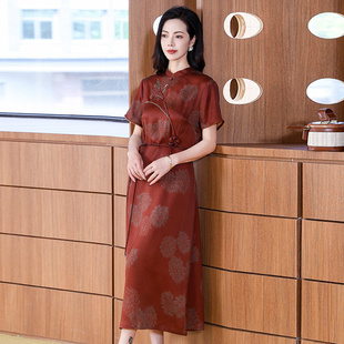 媽媽裝 國風改良旗袍桑蠶絲 香云紗真絲連衣裙女2025夏裝 聲雨竹中式