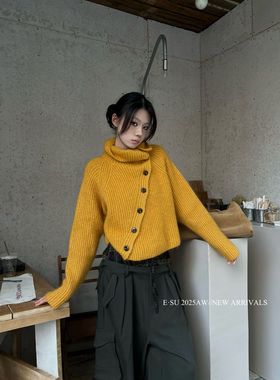 Esu 原创设计 2025秋冬新款毛衣女 斜开扣马海毛混羊毛针织衫