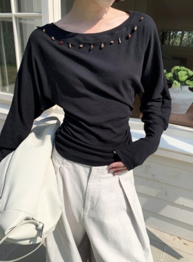 Esu 原创设计 2026春季长袖T恤女 船领收腰显瘦休闲上衣
