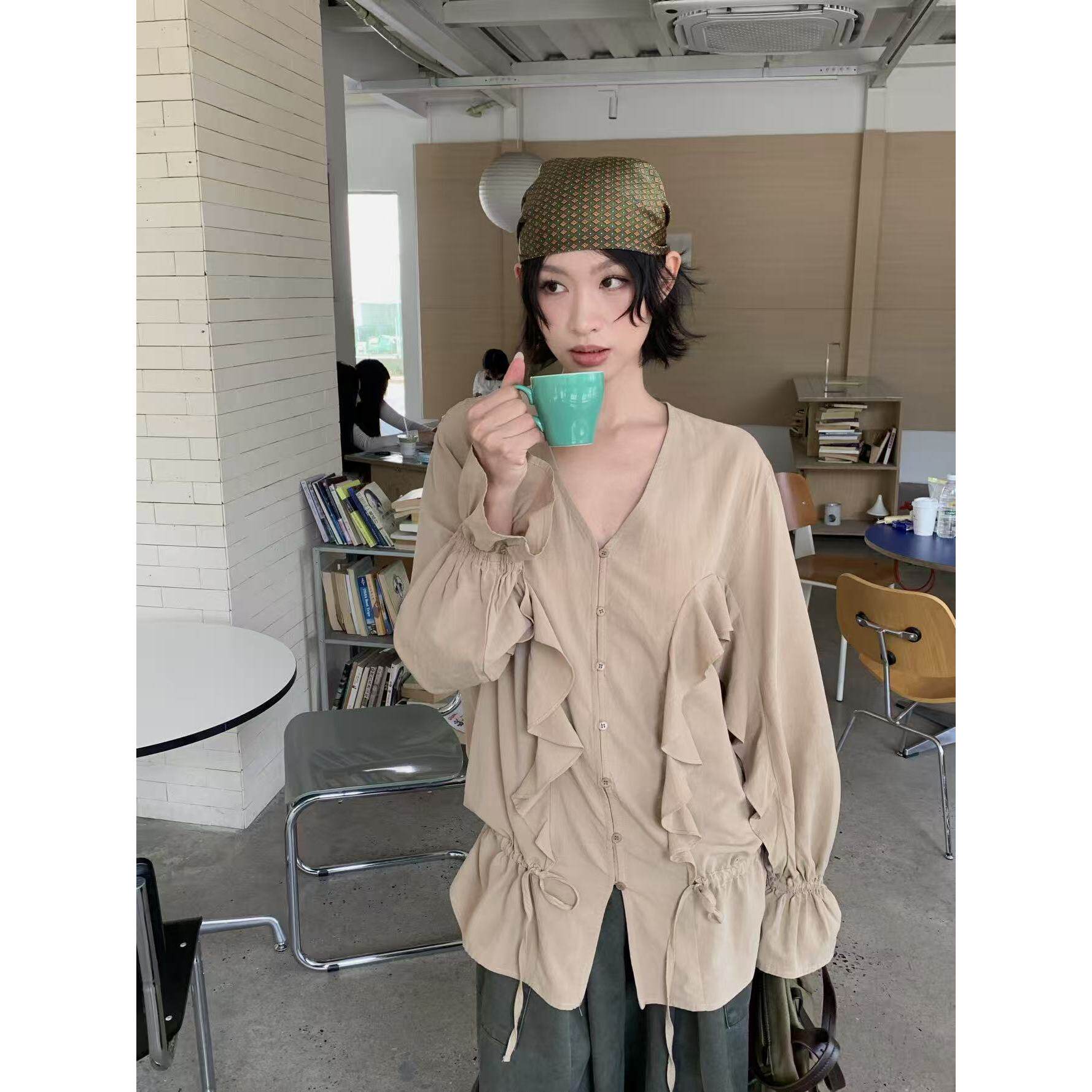 Esu 原创新款大版型宽松v领长袖衬衫女 不规则显瘦设计高级感衬衣