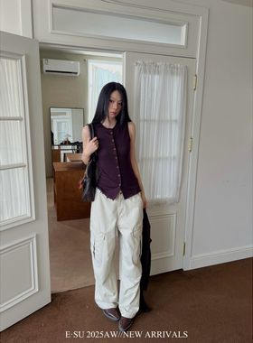 Esu 2025秋冬新款休闲长裤女 洗水炒盐工艺工装裤直筒显瘦