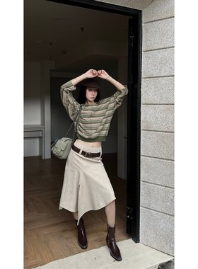 Esu 原创设计 2025秋季新款条纹针织T恤女百搭打底蝙蝠衫 显瘦