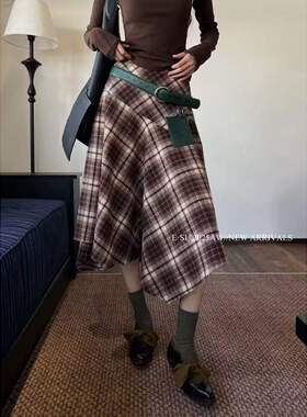 Esu 2025秋冬半身裙女 呢料加厚百搭格子裙  气质百搭