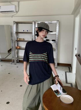 条纹吊带拼纯色T恤短袖女宽松