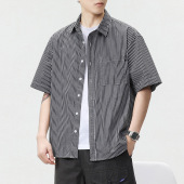 衬衫 短袖 男条纹宽休闲美式 夏季 衬衣 淘宝爆款 半袖 Z937日系复古工装