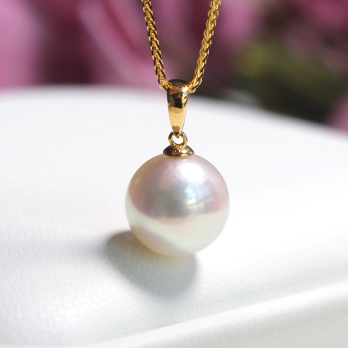 天然淡水珍珠吊坠18K正圆配羽毛