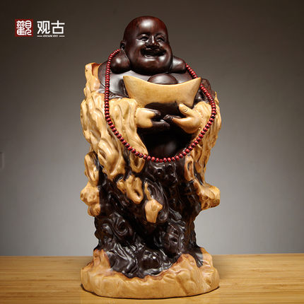 黑檀实木雕刻弥勒佛根雕摆件元宝笑佛红木家居客厅装饰工艺品送礼