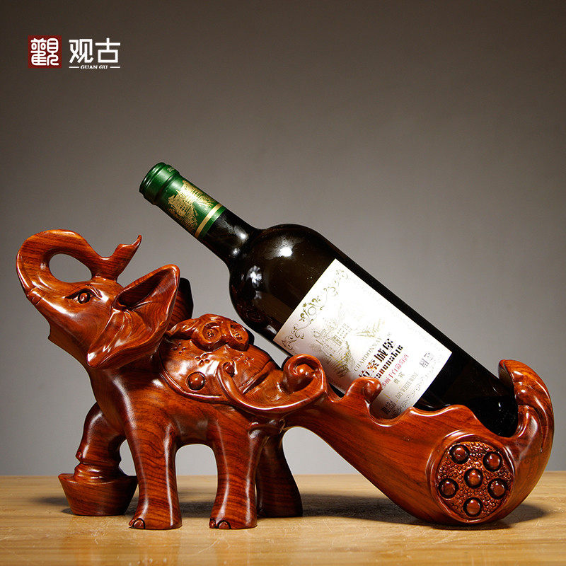 家居客厅酒柜办公装饰品摆设创意实木雕刻大象红酒架葡萄酒架摆件