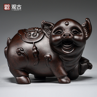 木猪摆件黑檀实木质雕刻十二生肖福猪木制吉祥物家居装饰工艺品
