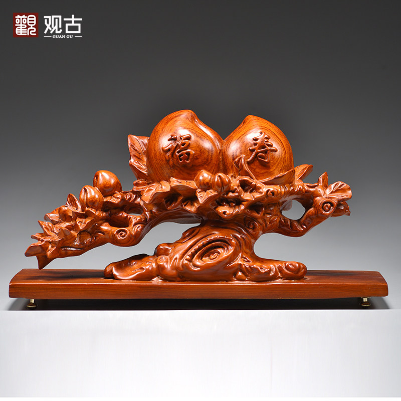 实木雕刻福寿双全寿桃摆件