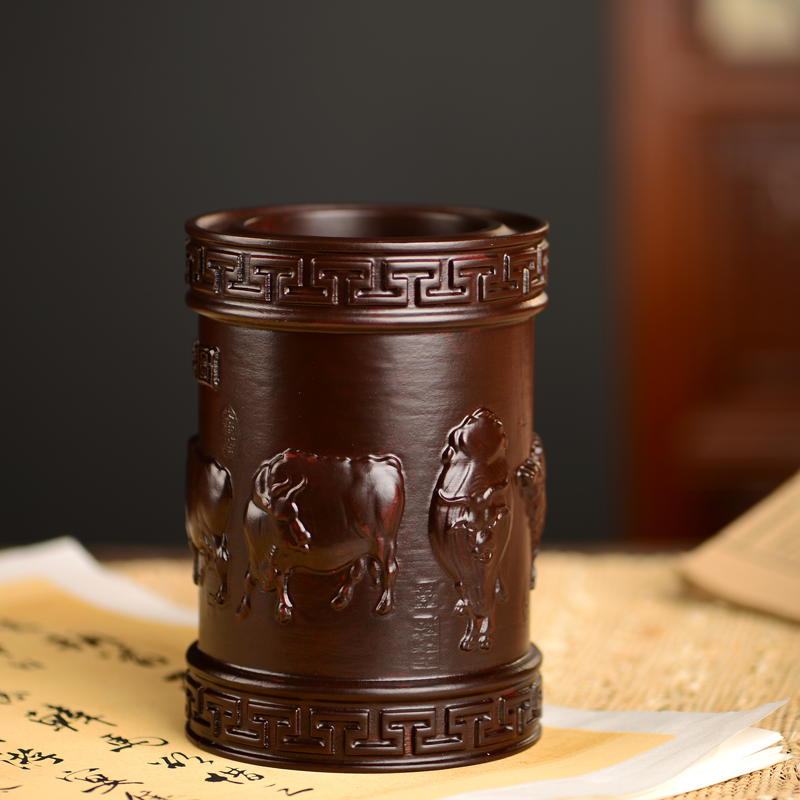 黑檀木雕五牛笔筒工艺品办公室书桌家居客厅木质中式笔筒摆件送礼