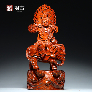 花梨木雕刻华严三圣文殊普贤菩萨佛像摆件家居客厅装 饰红木工艺品