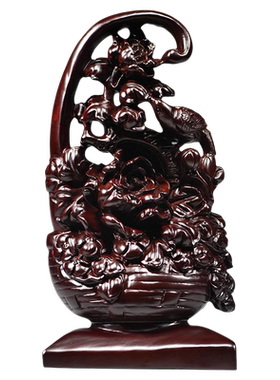 黑檀木雕一篮富贵摆件